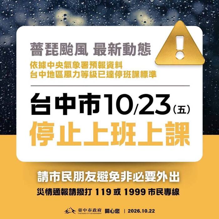 臺中市10/23(五)停止上班上課